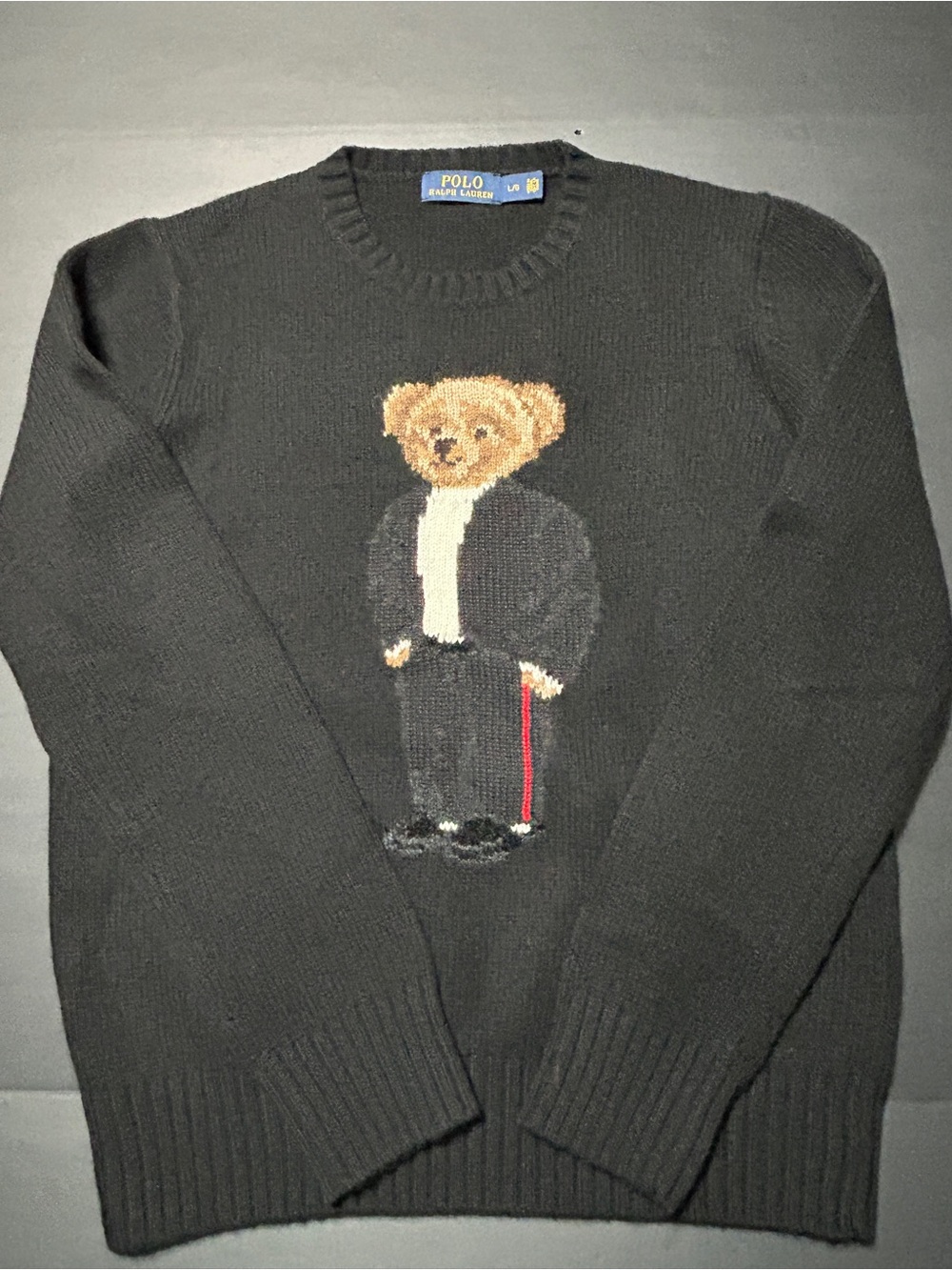 Rare vintage Polo Ralph Lauren Bear Sweater Mens Large Black wool Knit Pullover